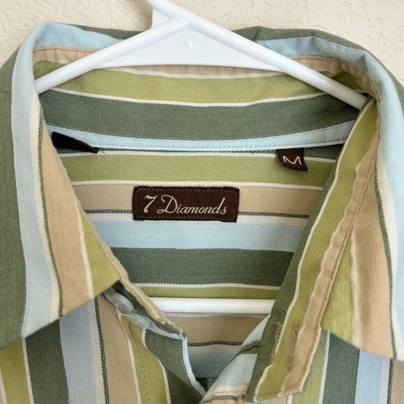 7 Diamonds Mens Button Up Shirt Medium Green Stripe Cotton Polyester Formal - Picture 5 of 10